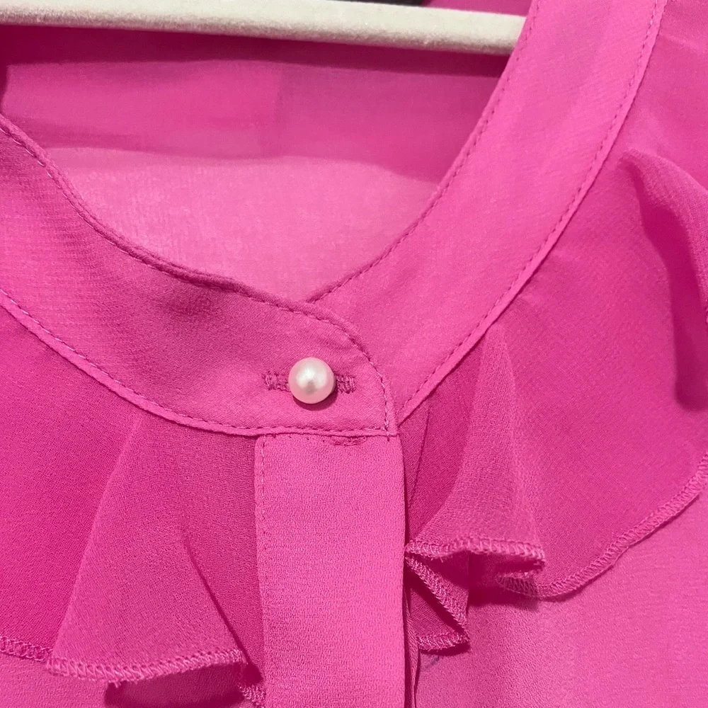 NWOT Zara Pink Ruffle Blouse with Pearl Details Size Large - Picture 2 of 5